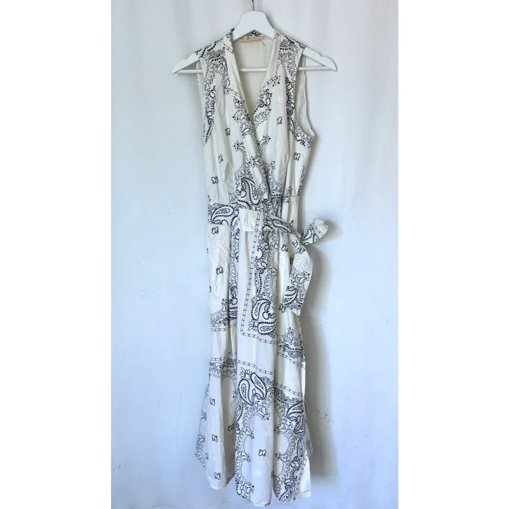 Torri Burch White Paisley Midi Wrap Dress 8 Sleeveless V Neck Pockets